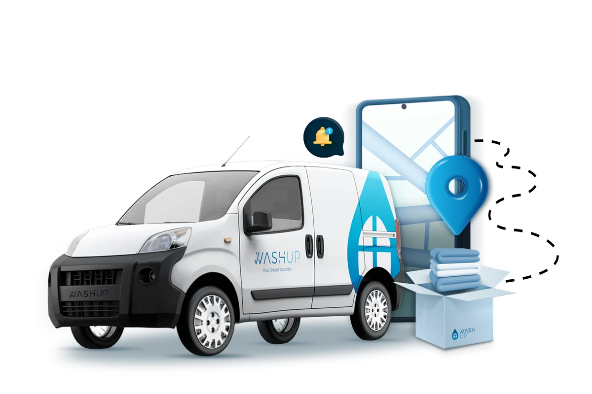 Camioncino WashUp che arriva a casa per ritirare il bucato